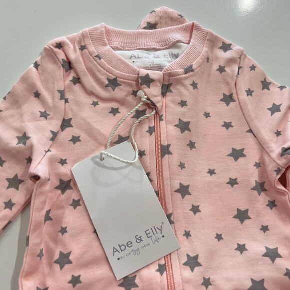 Abe & Elly Organic Cotton Baby Onesie 6-12 month Pink Star Footie Pajamas - Picture 3 of 8